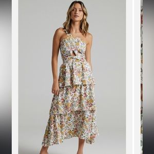 Showpo Caro One Shouldered Tiered Midi Dress in Multi Floral
